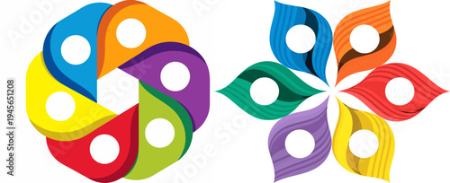 A colorful vector graphic illustration of two abstract circular designs with multicolored petals and white centers