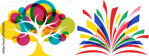 A colorful vector graphic illustration of a tree and an open book with vibrant multicolored leaves and pages