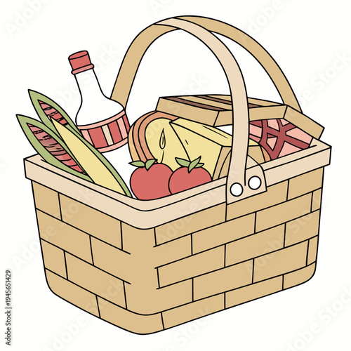 A wicker picnic basket filled with food