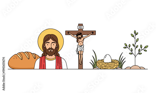 Christian Religious Symbols Including Jesus Crucifixion Bread and Easter Egg