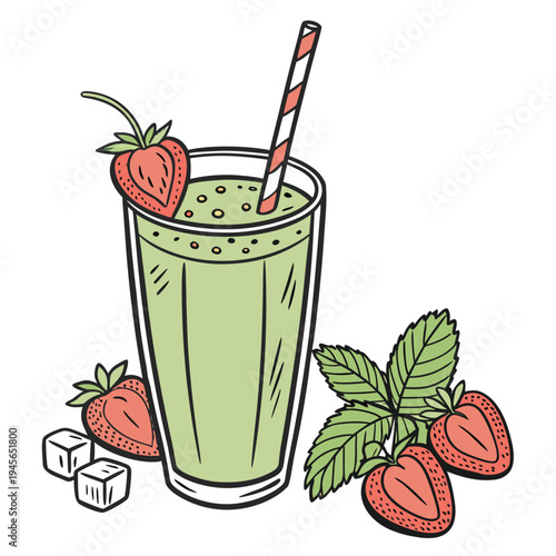A glass of green smoothie with strawberries and a straw