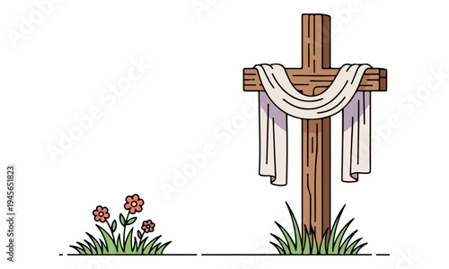 Easter wooden cross with white cloth shroud and spring flowers