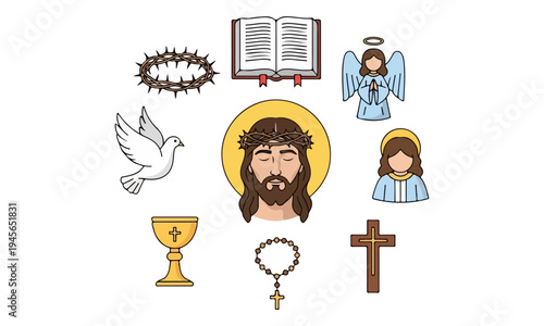 Christian Religious Symbols and Jesus Christ Icon Set Illustration