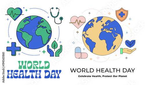 A vibrant illustration celebrating World Health Day with a focus on global health and environmental protection