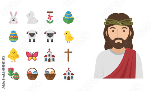 Jesus Christ Portrait and Christian Easter Celebration Icon Set