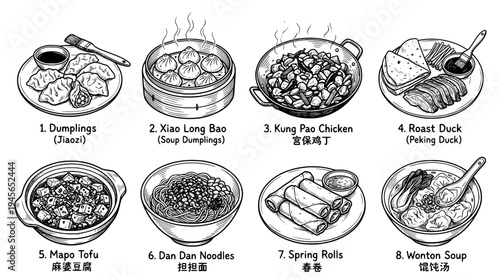 Set of 8 chinese foods. hand drawn style. black and white line art drawing