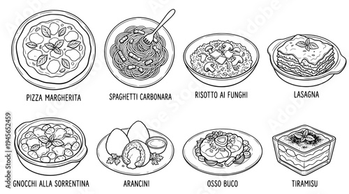 Set of 8 italian foods. hand drawn style. black and white line art drawing