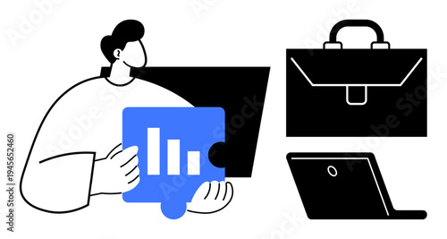 Business strategy, teamwork, planning solutions, career development, productivity, digital tools. Person holding a puzzle with stats, briefcase laptop. Business strategy and teamwork