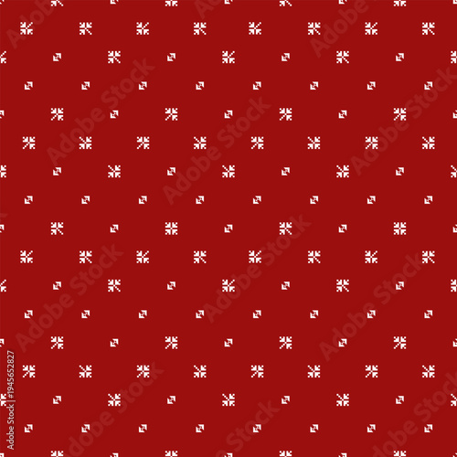 Red and white pixel pattern with small geometric motifs arranged in a balanced grid. Minimal dotted spacing and clean symmetry create a lightweight seamless repeat for textile and surface design.