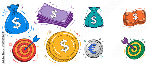A colorful vector graphic illustration of finance and investment icons, including money bags, coins, and targets.