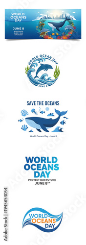 A collection of logos for world ocean day events and organizations.