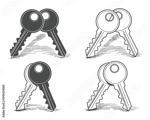 Four Pairs of Keys: Two Dark, Two Light, Stylized Illustration
