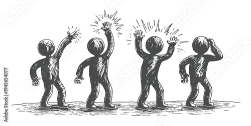 Four stick figures in a line, some with raised hands and sparks