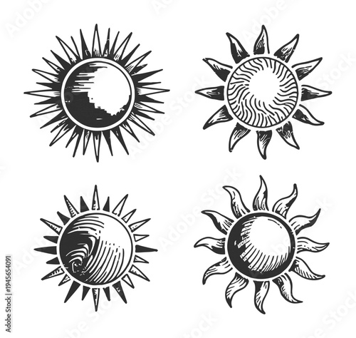 Four Vintage Sun Illustrations with Radiant Rays and Textured Centers