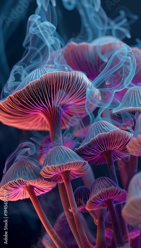 3d holographic psychedelic forest with glowing mushrooms vibrant colors and dynamic motion blur