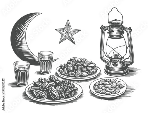 Ramadan Iftar: Dates, Drinks, Lantern, Crescent Moon, and Star Illustration