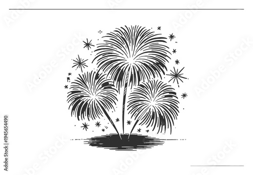 Black and White Illustration of Three Bursting Fireworks with Stars