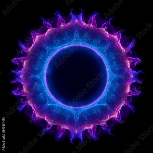 A black hole centered in a neon blue and purple flame sun with symmetrical vector icon design