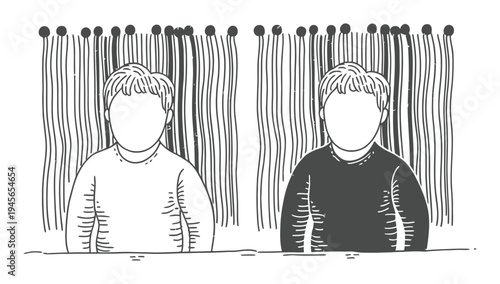 Two figures, one light and one dark, stand behind a curtain