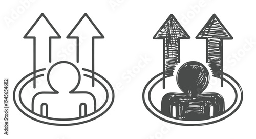 Two stylized human figures with upward arrows, one outlined and one sketched