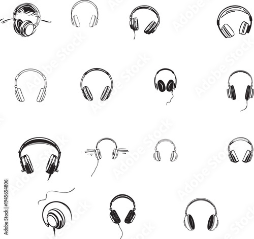 Collection of Headphones Sound Silhouette Icon Vector Set, professional vector pack featuring audio headset symbols and music listening icons, scalable graphics perfect for podcast logos, DJ branding,