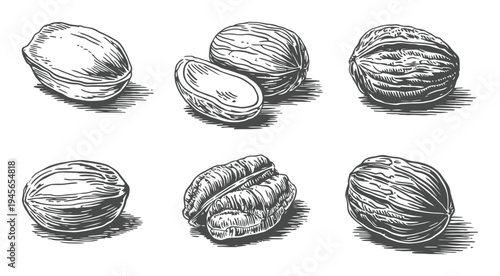 Vintage Engraving Style Illustrations of Six Nutmegs on White Background