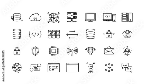 Modern internet technology outline icon pack with network cloud hardware software data security and AI symbols
