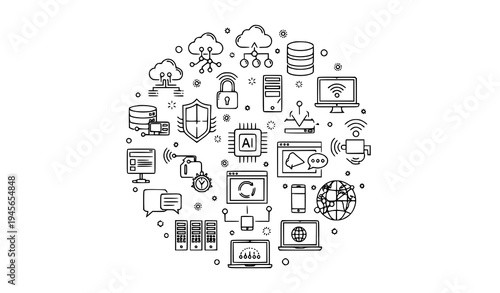 Computer and internet technology thin line vector icons for network cloud data security AI and web communication