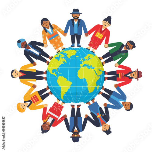 A vibrant illustration of multicultural individuals standing united around the world, celebrating human diversity and the spirit of global collaboration and understanding