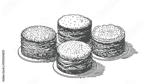 Vintage Illustration of Four Stacked Cakes on Plates