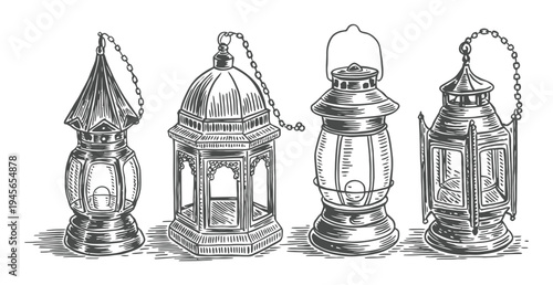 Vintage Lanterns Collection: Engraved Illustrations of Four Distinct Designs
