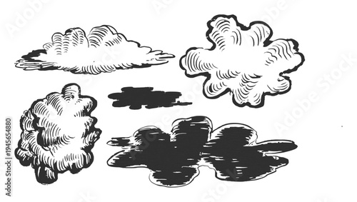 Vintage Ink Drawings of Various Clouds and Smoke Puffs