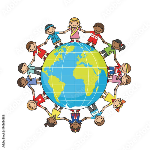 Diverse children holding hands around a globe symbolizing unity, diversity, and global connection