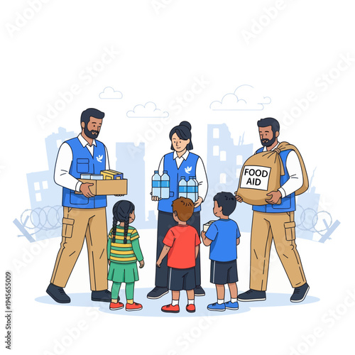 Dedicated volunteers provide vital food and water to children in a distressed community, illustrating the spirit of humanitarian aid and compassionate support efforts during times of need