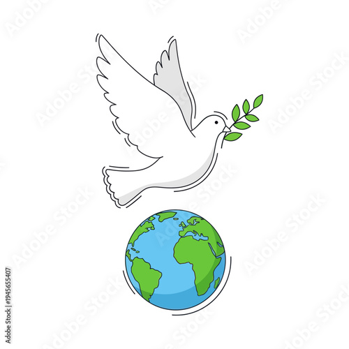 A white dove carrying a green olive branch flies above a colorful globe, symbolizing peace and harmony across the world