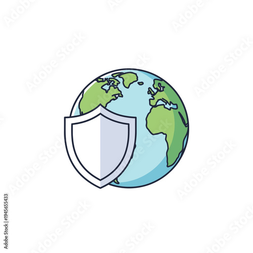 Digital security and global protection concept, featuring an abstract illustration of a shield safeguarding the earth, symbolizing worldwide data privacy and environmental defense