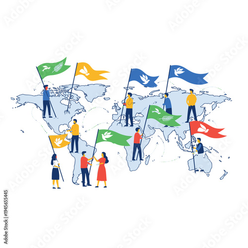 Global unity concept with diverse people holding dove flags on a world map, symbolizing international peace, environmental protection, and collective efforts for a better future