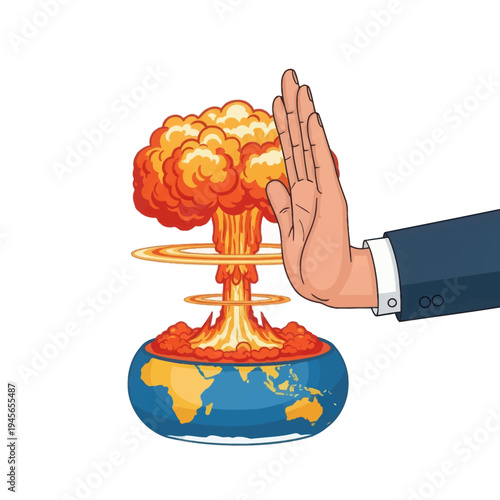 Strong hand stops a devastating mushroom cloud explosion erupting from Earth, symbolizing global peace, anti-war, and urgent planetary protection