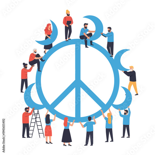 Diverse group of people from different backgrounds uniting to hold up a large peace symbol symbolizing global harmony and unity