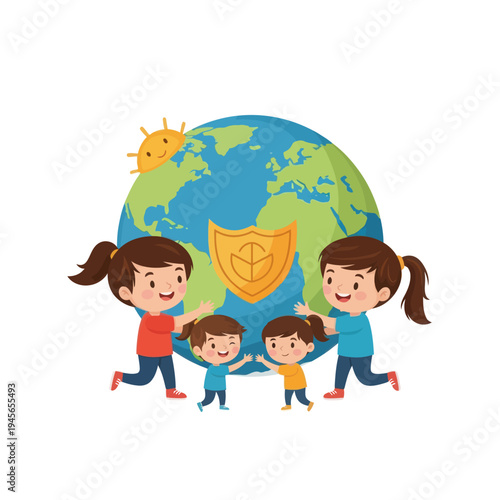 Families embracing the Earth, symbolizing global environmental protection and a sustainable future. Mothers and children unite to safeguard the planet for generations to come