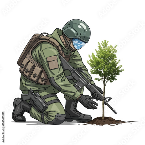 Soldier carefully planting a young tree, symbolizing peace and environmental conservation efforts