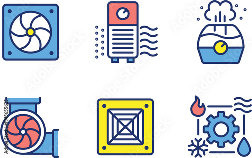 Illustrations of various household and industrial ventilation and energy systems