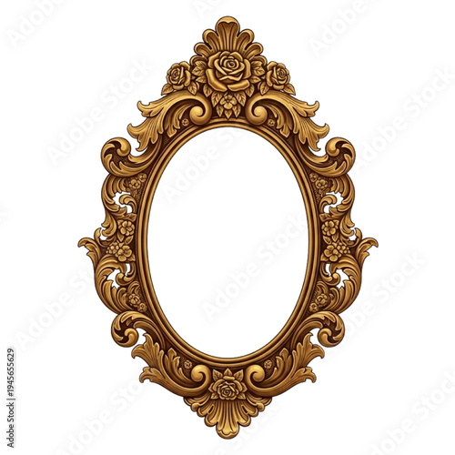 Ornate Oval Gold Frame with Victorian Rose Carvings, Elegant Antique Metallic Mirror Border, Luxury Baroque Floral Picture Frame and Golden Decorative Ornament Isolated on Transparent  for Wedding Art