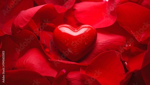 Red Heart Resting on a Bed of Rose Petals.