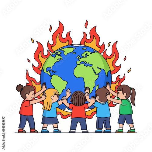 Children holding a burning Earth, symbolizing global warming and environmental crisis for future generations