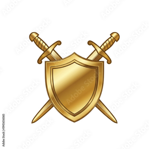 Golden Shield and Crossed Swords Emblem, Metallic Medieval Knight Armor Icon, Royal Heraldic Crest and Military Defense Symbol Isolated Transparent Background for for Gaming, Logo Design and Security