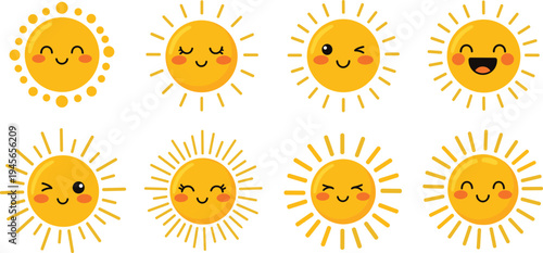 Cute Cartoon Sun Character Set with Different Happy Facial Expressions Summer Weather Mascot Vector Illustration