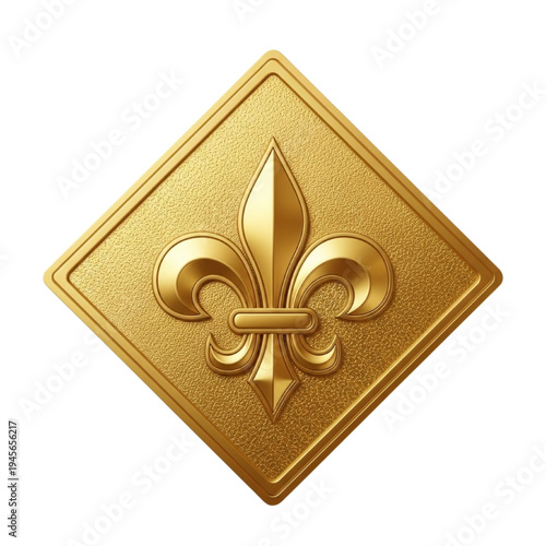 Golden Fleur-de-lis Emblem in Diamond Shape. 3D Metallic Royal French Lily Symbol. Luxury Heraldry Badge Icon. Textured Relief Isolated on White Background.