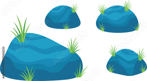 Blue Cartoon Rock and Stone Set with Grass Tufts Natural Landscape Element Collection Vector Illustration