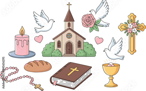 Christian Church Religious Symbol Set with Bible Cross Dove Candle Rosary Chalice Bread Faith Vector Illustration